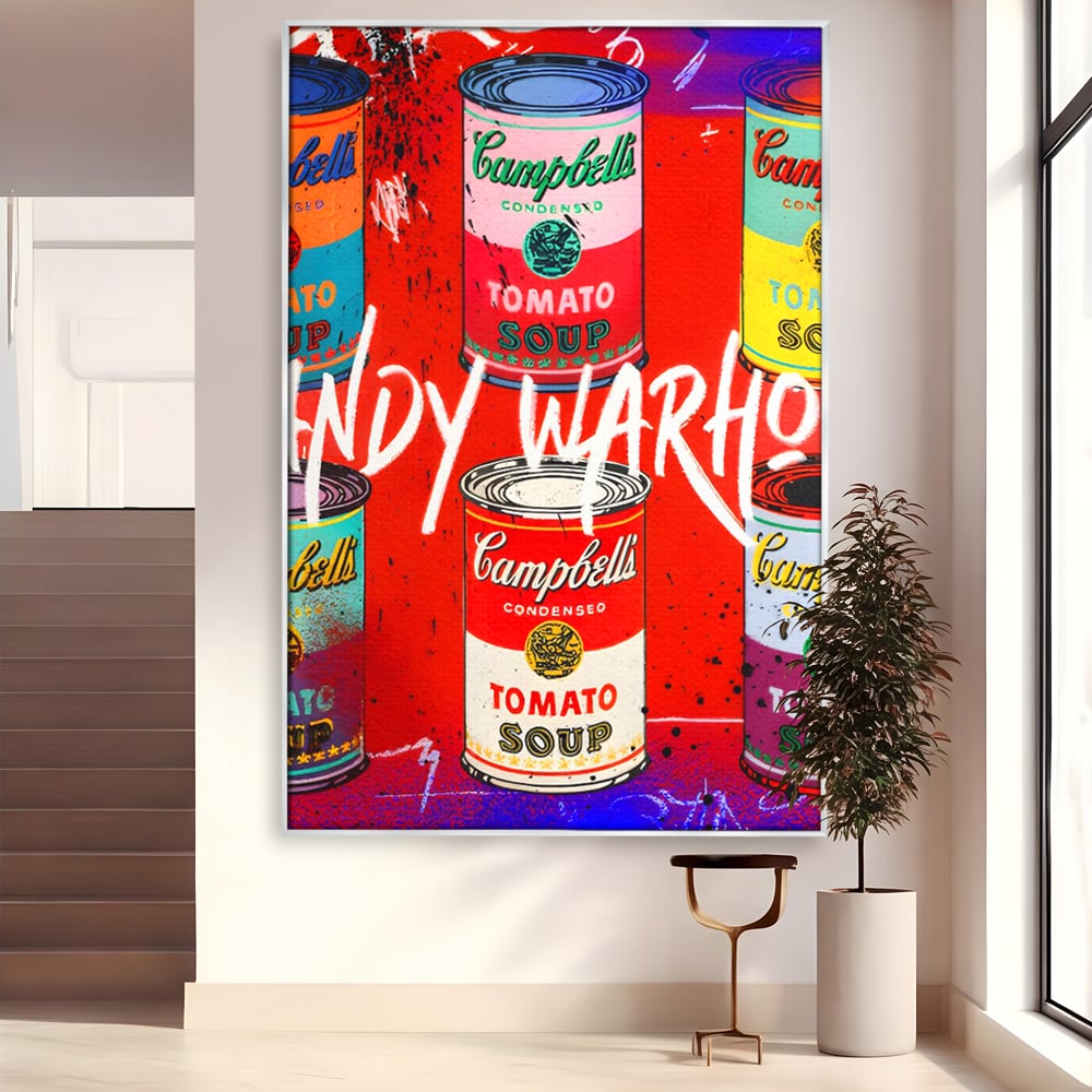 Tablou canvas cu tablou canvas cu cutii de supa, in rama de aluminiu argintiu